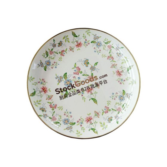High Quality Floral Enamel Plate with Feet, Golden Rim, Bottom with Logo, Multiple Sizes & Multiple Patterns Available